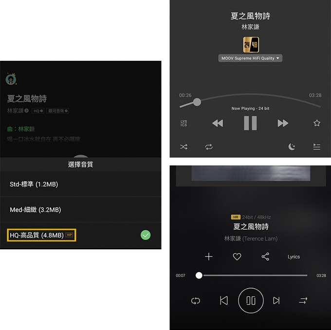 以歌手林家謙的《夏之風物詩》為例，縱然其他平台的無損音質計劃有為該歌曲提供無損甚至是高解析音質，「JOOX」（#2）最高卻只支援「高品質」播放，其檔案大小亦反映該歌曲不屬於無損格式。