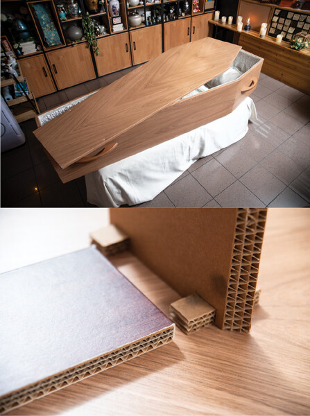 環保棺主要以蜂窩紙板或再造紙製造，圖為本港製的環保棺。