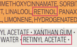 視黃醇(retinol)和視黃醇乙酸酯(retinyl acetate)同屬維他命A成分。