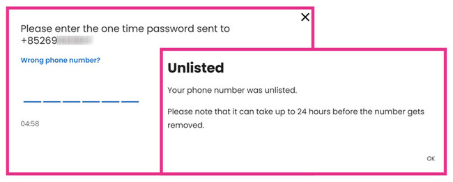 於「Truecaller」（#4）的指定網頁要求除名時，則須輸入經短訊發送的一次性密碼以作確認。