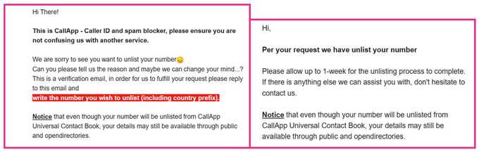 於「CallApp」（#1）的指定網頁提出除名要求後，消費者須等候並回覆商戶發送的確認電郵以完成整個除名程序。