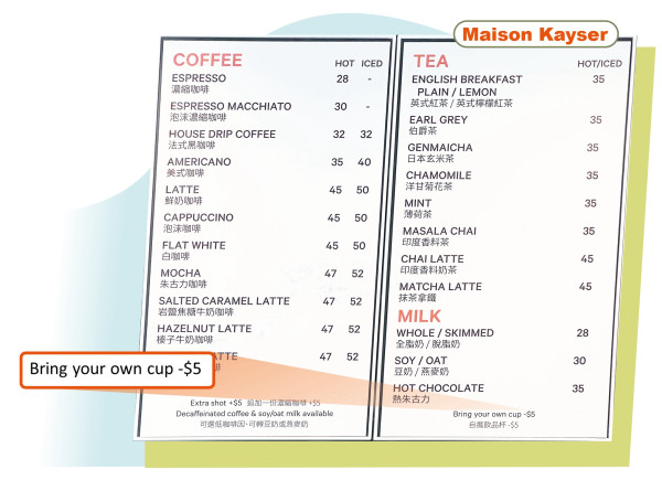 「Maison Kayser Hong Kong」有關使用自攜杯的優惠僅以較細小的字體列印在掛牆的大型餐牌下方,消費者或難以看見。