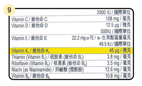 图9一款标示含有维他命K1的多元维他命产品。