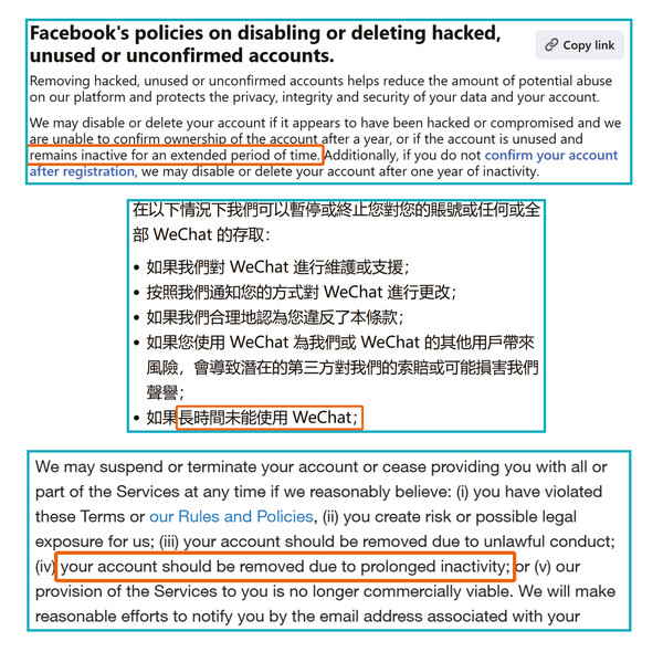 「Facebook」（#2）、「WeChat」（#6）、「X」（#8）均未有具体描述帐户闲置期的长短，或不利消费者获取所需资讯。