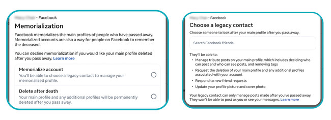 「Facebook」（#2）允许用户预先选择帐户会被纪念抑或删除，同时可指派一名亲友作为帐户代理人。