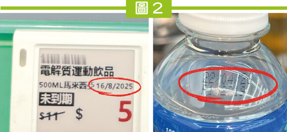 圖2:價格標籤所示的到期日早於貨品包裝所示食用日期的例子。左圖在價格標籤顯示的到期日為2025年8月16日，而右圖在貨品包裝上所示日期則為2026年4月22日。