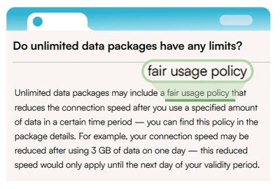 如上圖的「公平使用政策」所示,假如用戶在1日內使用超過3GB數據量,該日的流動數據將被降速。