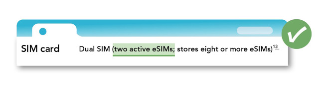 即使是相同型號的智能裝置B,其海外國家版本卻能支援兩張eSIM,反映不同地區的產品或有不同規格。