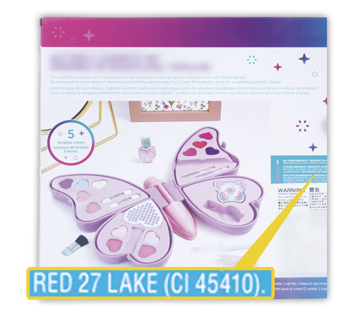 產品成分列表說明含有RED 27 LAKE着色劑。