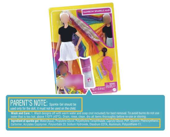 市場上有「僅用於玩具的化妝品」在產品包裝上標示，指明套裝內的閃光凝膠僅用於產品內的洋娃娃，不可用於兒童身上，並同時列明相關成分列表。