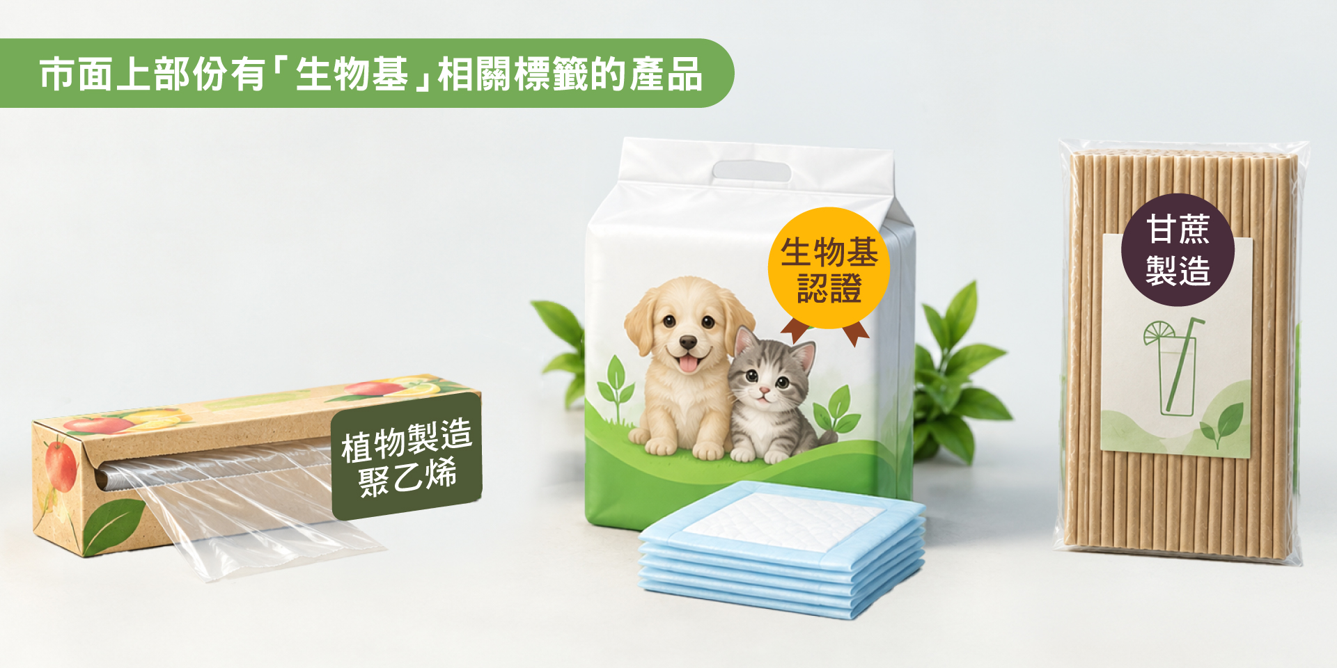 图一:市面上常见与「生物基」声称相关的产品,例如「植物制造」的保鲜纸、「生物基认证」的宠物尿垫、「甘蔗制造」的饮管等。