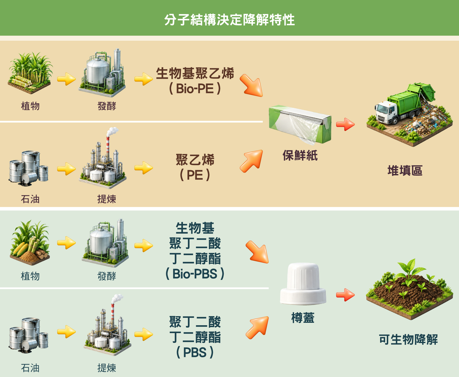 图二 ：以聚乙烯（PE）和聚丁二酸丁二醇酯（PBS）为例，不论其产品来自生物基或石油基，因为其分子结构相同，所以生物降解特性也会一样。