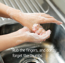 Handwashing Tips: 1. Rub the fingers, and don't forget the thumbs