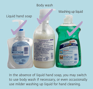In the absence of liquid hand soap, you may switch to use body wash if necessary, or even occasionally use milder washing up liquid for hand cleaning.
