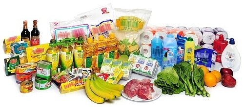 A basket of food and household items